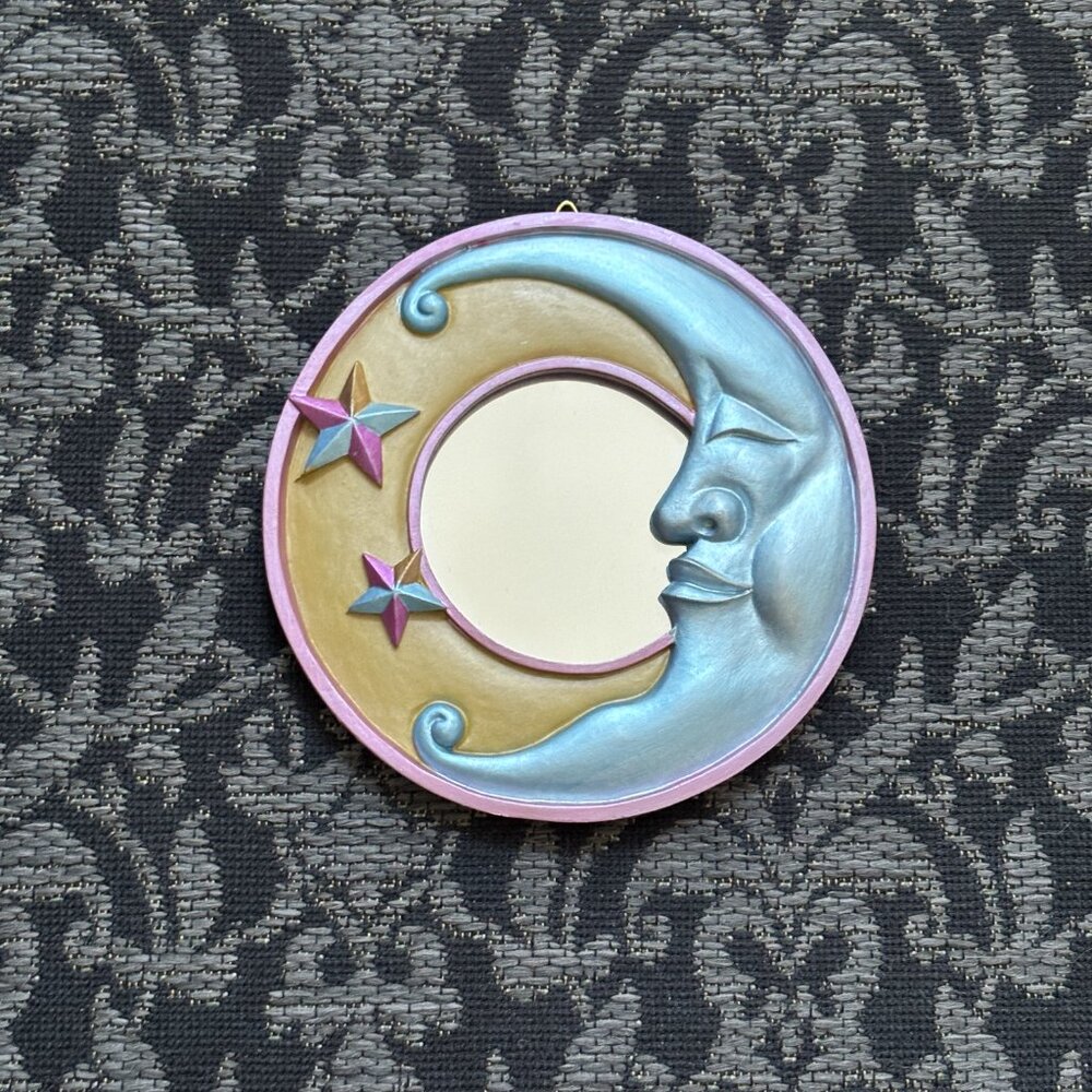D 🌙 Blue Gold Moon Face Mirror - 90s Y2K Celestial Wall Hanging